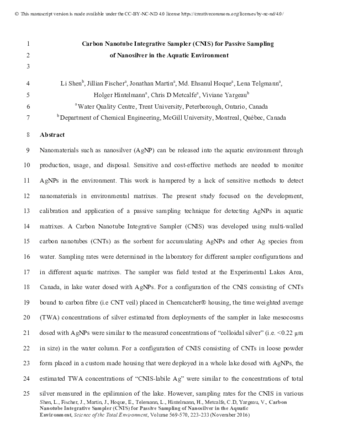Carbon Nanotube Integrative Sampler (CNIS) for Passive Sampling of Nanosilver in the Aquatic Environment thumbnail