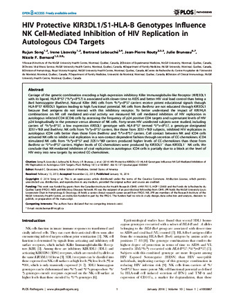 HIV Protective KIR3DL1/S1-HLA-B Genotypes Influence NK Cell-Mediated Inhibition of HIV Replication in Autologous CD4 Targets thumbnail