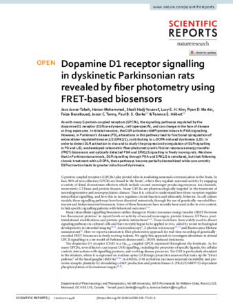 Dopamine D1 receptor signalling in dyskinetic Parkinsonian rats revealed by fiber photometry using FRET-based biosensors thumbnail