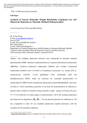 Synthesis of Narrow Molecular Weight Distribution Copolymers for ArF Photoresist Materials by Nitroxide Mediated Polymerizationa thumbnail