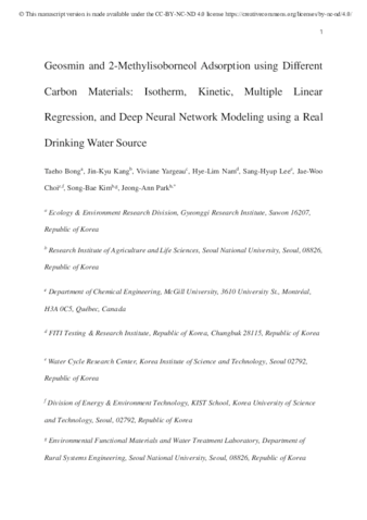 Geosmin and 2-methylisoborneol adsorption using different carbon materials: Isotherm, kinetic, multiple linear regression, and deep neural network modeling using a real drinking water source thumbnail