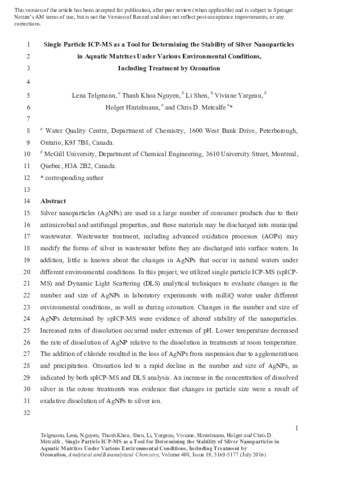 Single Particle ICP-MS as a Tool for Determining the Stability of Silver Nanoparticles in Aquatic Matrixes Under Various Environmental Conditions, Including Treatment by Ozonation thumbnail