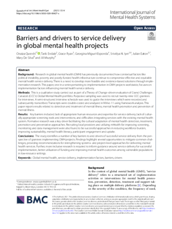 Barriers and drivers to service delivery in global mental health projects thumbnail
