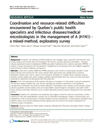 Coordination and resource-related difficulties encountered by Quebec's public health specialists and infectious diseases/medical microbiologists in the management of A (H1N1): a mixed-method, exploratory survey thumbnail