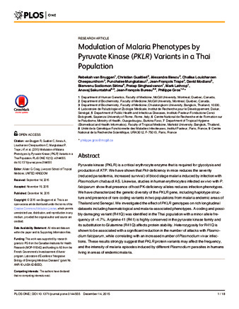 Modulation of Malaria Phenotypes by Pyruvate Kinase (PKLR) Variants in a Thai Population thumbnail