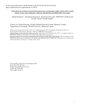 Generalization of memory-related brain function in asymptomatic older women with a family history of late onset Alzheimer's Disease: Results from the PREVENT-AD Cohort thumbnail