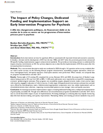 The Impact of Policy Changes, Dedicated Funding and Implementation Support on Early Intervention Programs for Psychosis thumbnail