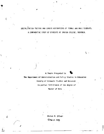 Socialization factors and career aspirations of female and male students : a comparative study of students at Dawson College, Montreal thumbnail