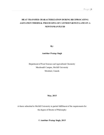 Heat transfer characterization during reciprocating agitation thermal processing of canned particulates in a Newtonian fluid thumbnail