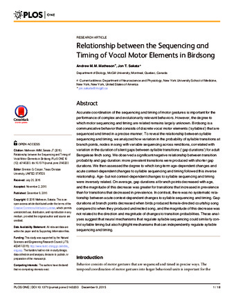 Relationship between the Sequencing and Timing of Vocal Motor Elements in Birdsong thumbnail