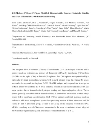 4′-C-Methoxy-2′-deoxy-2′-fluoro Modified Ribonucleotides Improve Metabolic Stability and Elicit Efficient RNAi-Mediated Gene Silencing thumbnail