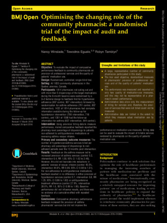 Optimising the changing role of the community pharmacist: a randomised trial of the impact of audit and feedback  thumbnail