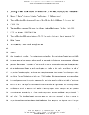 Are Vapor-Like Fluids Viable Ore Fluids for Cu-Au-Mo Porphyry Ore Formation? thumbnail