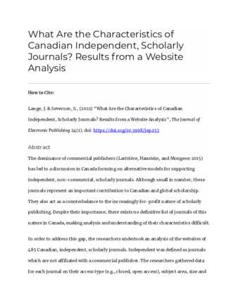 What Are the Characteristics of Canadian Independent, Scholarly Journals? Results from a Website Analysis thumbnail