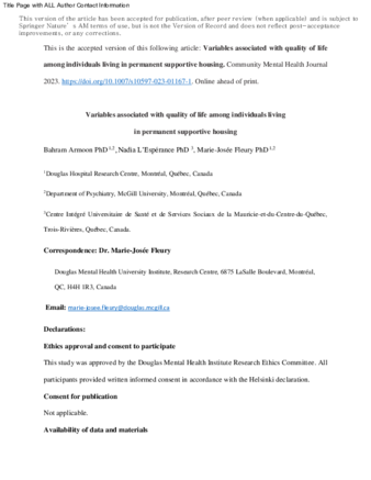 Variables Associated with Quality of Life Among Individuals Living in Permanent Supportive Housing thumbnail