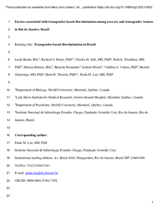 Factors associated with transgender-based discrimination among travestis and transgender women in Rio de Janeiro, Brazil. thumbnail