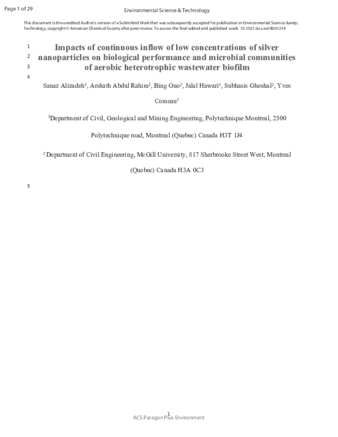 Impacts of Continuous Inflow of Low Concentrations of Silver Nanoparticles on Biological Performance and Microbial Communities of Aerobic Heterotrophic Wastewater Biofilm thumbnail