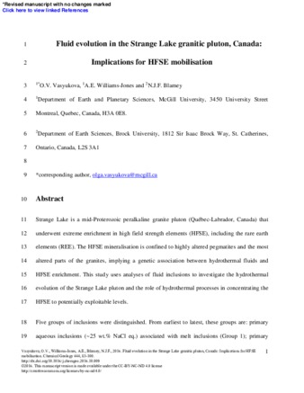 Fluid evolution in the Strange Lake granitic pluton, Canada: Implications for HFSE mobilisation thumbnail