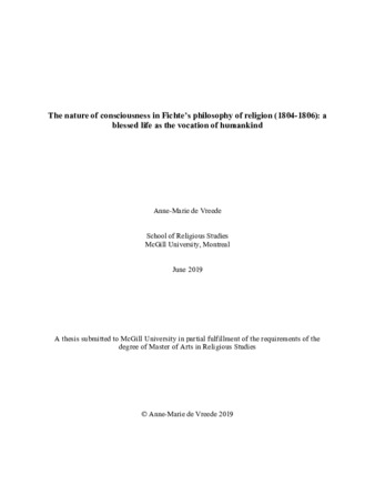 The nature of consciousness in Fichte's philosophy of religion (1804-1806): a blessed life as the vocation of humankind thumbnail