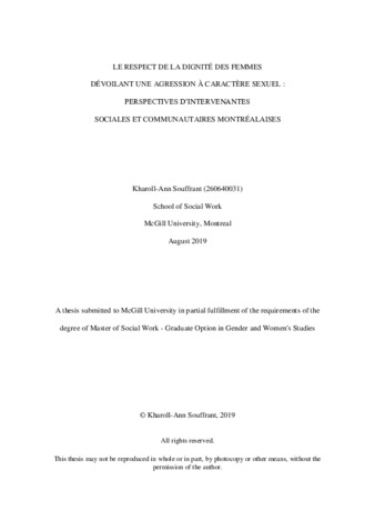 Le respect de la dignité des femmes dévoilant une agression à caractère sexuel:perspectives d'intervenantes sociales et communautaires Montréalaises thumbnail