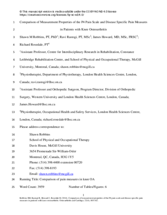 Comparison of measurement properties of the P4 pain scale and disease specific pain measures in patients with knee osteoarthritis thumbnail