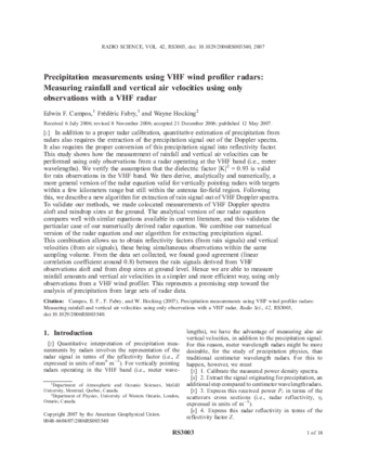 Precipitation measurements using VHF wind profiler radars: Measuring rainfall and vertical air velocities using only observations with a VHF radar thumbnail