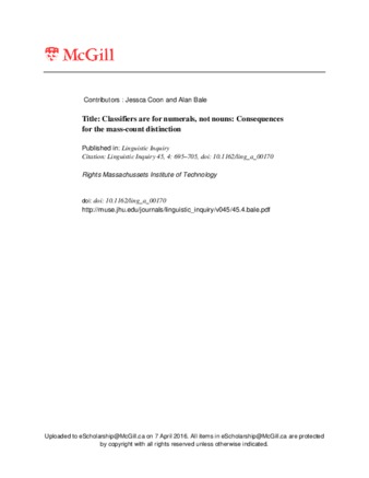 Classifiers are for numerals, not nouns: Consequences for the mass-count distinction thumbnail