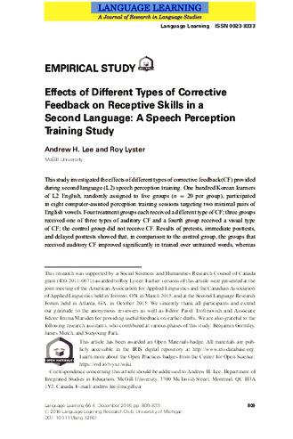 Effects of different types of corrective feedback on receptive skills in a second language: A speech perception training study thumbnail