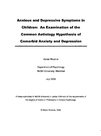 Anxious and depressive symptoms in children : an examination of the common aetiology hypothesis of comorbid anxiety and depression thumbnail