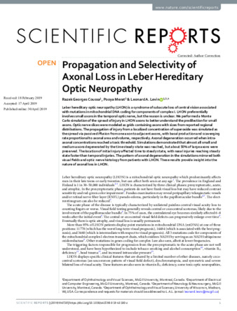 Propagation and Selectivity of Axonal Loss in Leber Hereditary Optic Neuropathy thumbnail