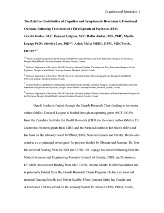 The Relative Contribution of Cognition and Symptomatic Remission to Functional Outcome Following Treatment of a First Episode of Psychosis (FEP) thumbnail