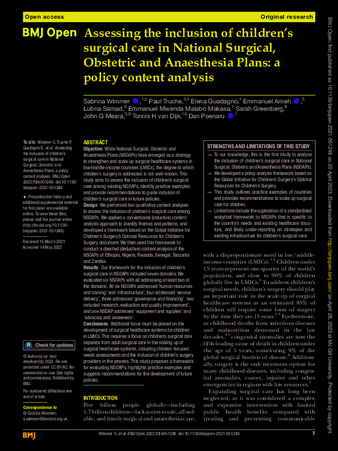 Assessing the inclusion of children’s surgical care in National Surgical, Obstetric and Anaesthesia Plans: a policy content analysis thumbnail