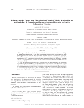 Refinements to Ice Particle Mass Dimensional and Terminal Velocity Relationships for Ice Clouds. Part II: Evaluation and Parameterizations of Ensemble Ice Particle Sedimentation Velocities thumbnail