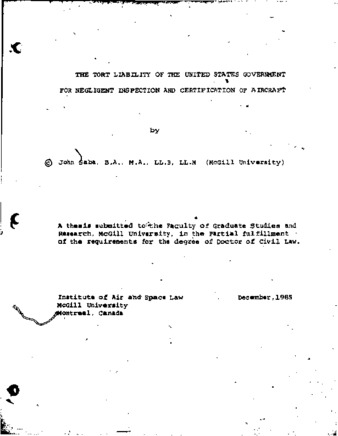 The tort liability of the United States government for negligent inspection and certification of aircraft / thumbnail