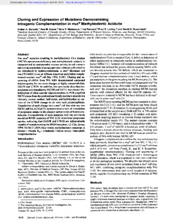 Cloning and expression of mutations demonstrating intragenic complementation in mut0 methylmalonic aciduria thumbnail