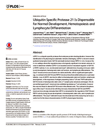 Ubiquitin Specific Protease 21 Is Dispensable for Normal Development, Hematopoiesis and Lymphocyte Differentiation thumbnail