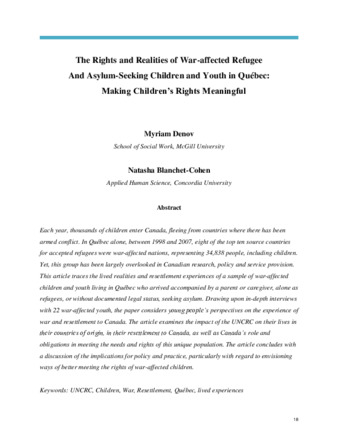 The Rights and Realities of War-affected Refugee Children and Youth in Quebec: Making Children's Rights Meaningful thumbnail