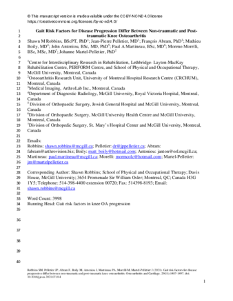 Gait risk factors for disease progression differ between non-traumatic and post-traumatic knee osteoarthritis thumbnail