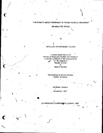 The debate about prophecy in "Kitab aʻlam al-nubūwah" : an analytic study thumbnail