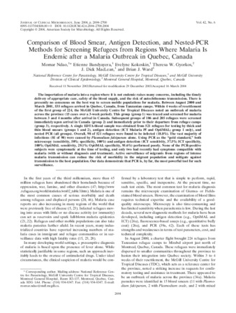 Comparison of blood smear, antigen detection, and nested-PCR methods for screening refugees from regions where malaria is endemic after a malaria outbreak in Quebec, Canada thumbnail