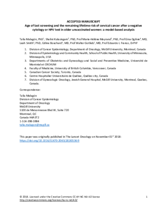 Age at last screening and remaining lifetime risk of cervical cancer in older, unvaccinated women: a modelling study thumbnail