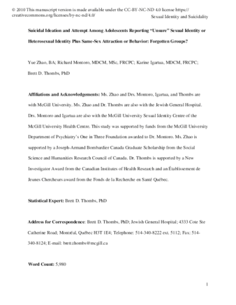 Suicidal Ideation and Attempt Among Adolescents Reporting “Unsure” Sexual Identity or Heterosexual Identity Plus Same-Sex Attraction or Behavior: Forgotten Groups? thumbnail