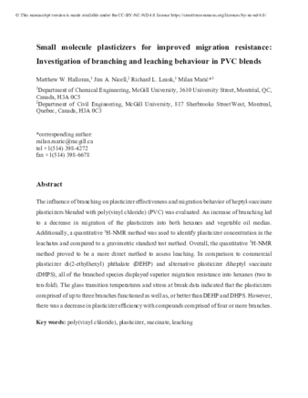 Small molecule plasticizers for improved migration resistance:  Investigation of branching and leaching behaviour in PVC blends  thumbnail