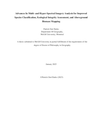 Advances In Multi- and Hyper-Spectral Imagery Analysis for Improved Species Classification, Ecological Integrity Assessment, and Aboveground Biomass Mapping thumbnail