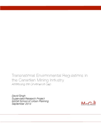 Transnational environmental regulations in the Canadian mining industry: addressing the governance gap thumbnail