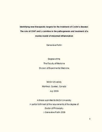 Identifying new therapeutic targets for treatment of Crohn's disease: The role of CD47 and L-carnitine in the pathogenesis and treatment of a murine model of intestinal inflammation thumbnail