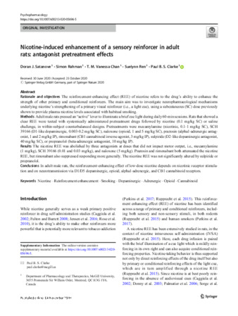 Nicotine-induced enhancement of a sensory reinforcer in adult rats: antagonist pretreatment effects thumbnail