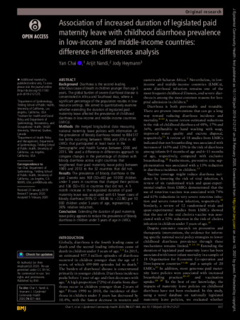 Association of increased duration of legislated paid maternity leave with childhood diarrhoea prevalence in low-income and middle-income countries: difference-in-differences analysis thumbnail