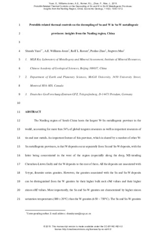 Protolith-related thermal controls on the decoupling of Sn and W in Sn-W metallogenic provinces: insights from the Nanling region, China thumbnail