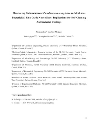 Monitoring bioluminescent Pseudomonas aeruginosa on mechano-bactericidal zinc oxide nanopillars thumbnail